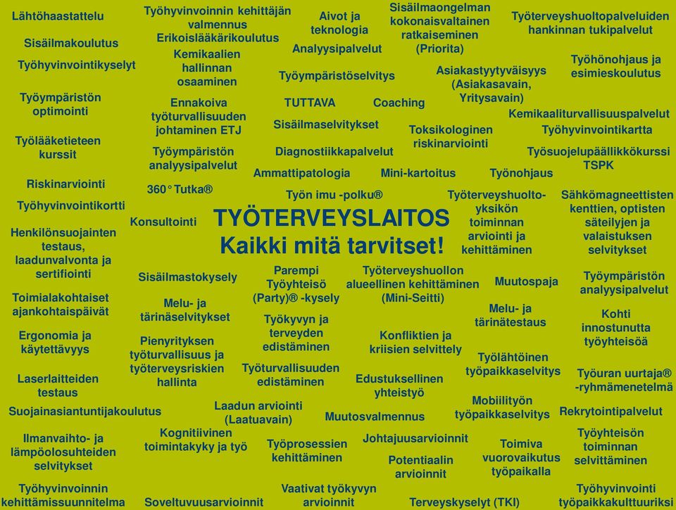 kehittämissuunnitelma Työhyvinvoinnin kehittäjän valmennus Erikoislääkärikoulutus Kemikaalien hallinnan osaaminen Ennakoiva työturvallisuuden johtaminen ETJ Työympäristön analyysipalvelut 360 Tutka