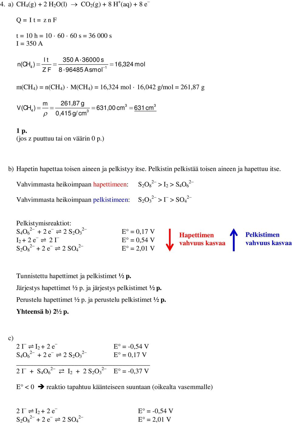 Vahvimmasta heikoimpaan hapettimeen: S O 8 - > I > S 4 O 6 - Vahvimmasta heikoimpaan pelkistimeen: S O - > I - > SO 4 - Pelkistymisreaktiot: S 4 O - 6 + e - - S O E 0,17 V I + e - I - E 0,54 V S O -