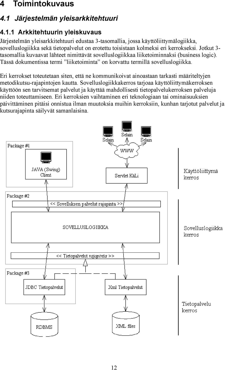 1 Arkkitehtuurin yleiskuvaus Järjestelmän yleisarkkitehtuuri edustaa 3-tasomallia, jossa käyttöliittymälogiikka, sovelluslogiikka sekä tietopalvelut on erotettu toisistaan kolmeksi eri kerrokseksi.