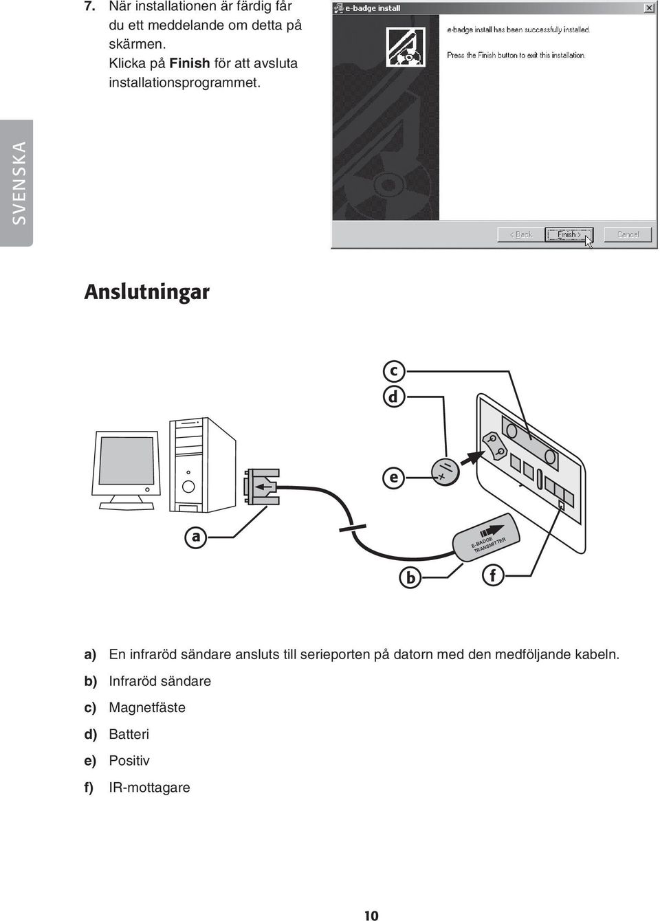SVENSKA Anslutningar c d e + a E-BADGE TRANSMITTER b f a) En infraröd sändare ansluts