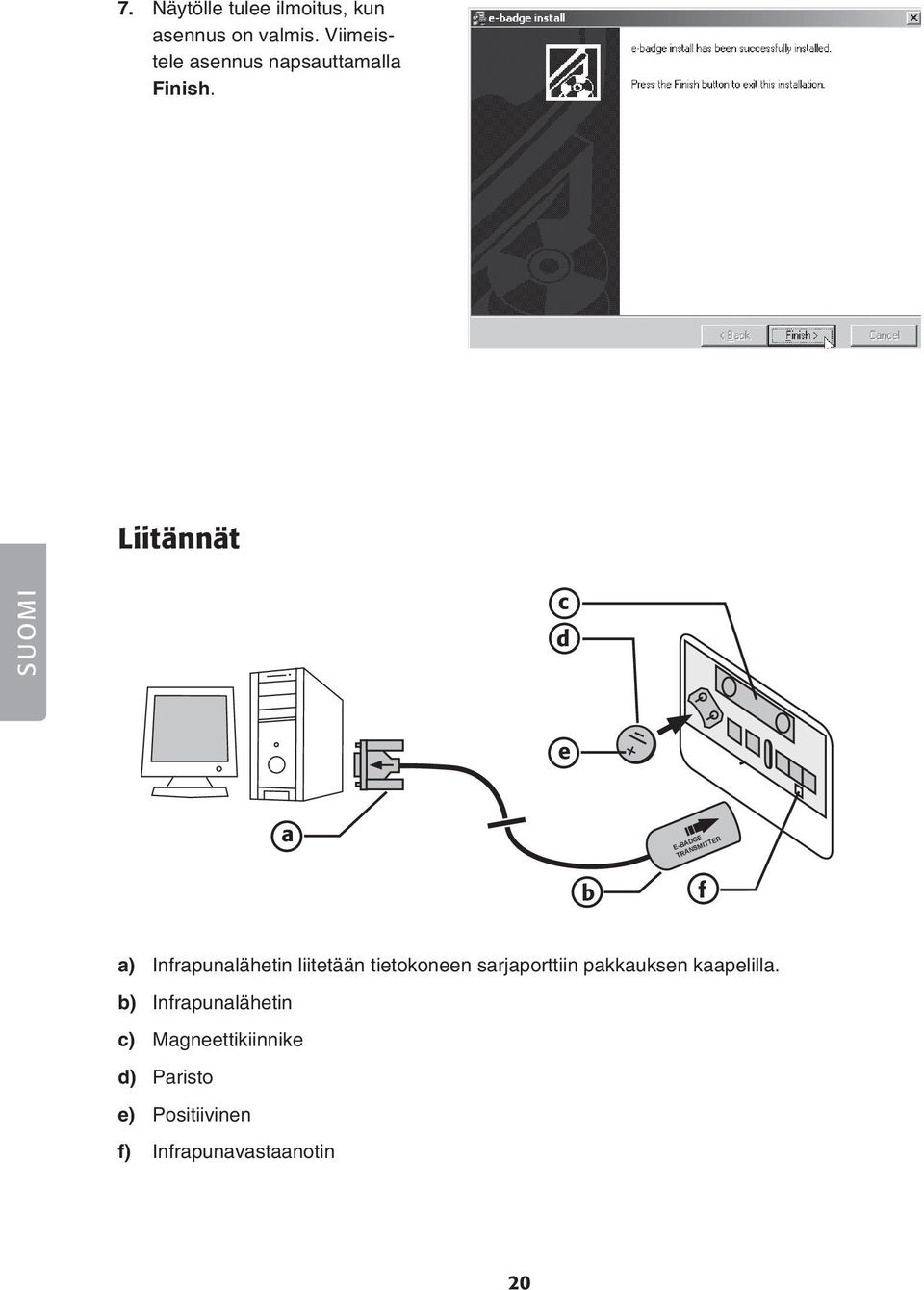 Liitännät SUOMI c d e + a E-BADGE TRANSMITTER b f a) Infrapunalähetin liitetään