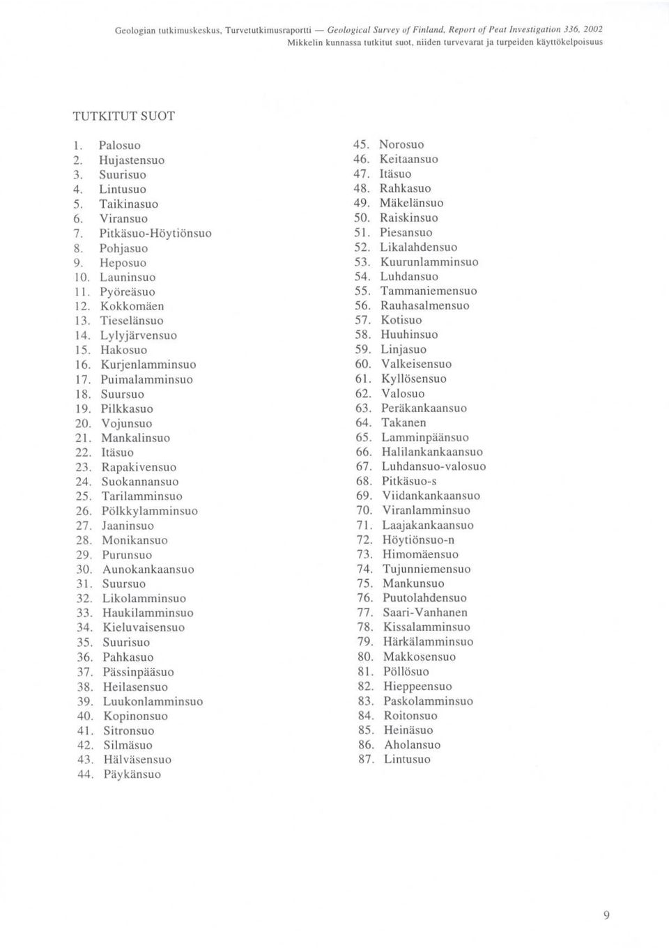 Likalahdesuo 9 Heposuo 53 Kuurulammisuo 10 Lauisuo 54 Luhdasuo 11 Pyöreäsuo 55 Tammaiemesuo 12 Kokkomäe 56 Rauhasalmesuo 13 Tieseläsuo 57 Kotisuo 14 Lylyjärvesuo 58 Huuhisuo 15 Hakosuo 59 Lijasuo 16