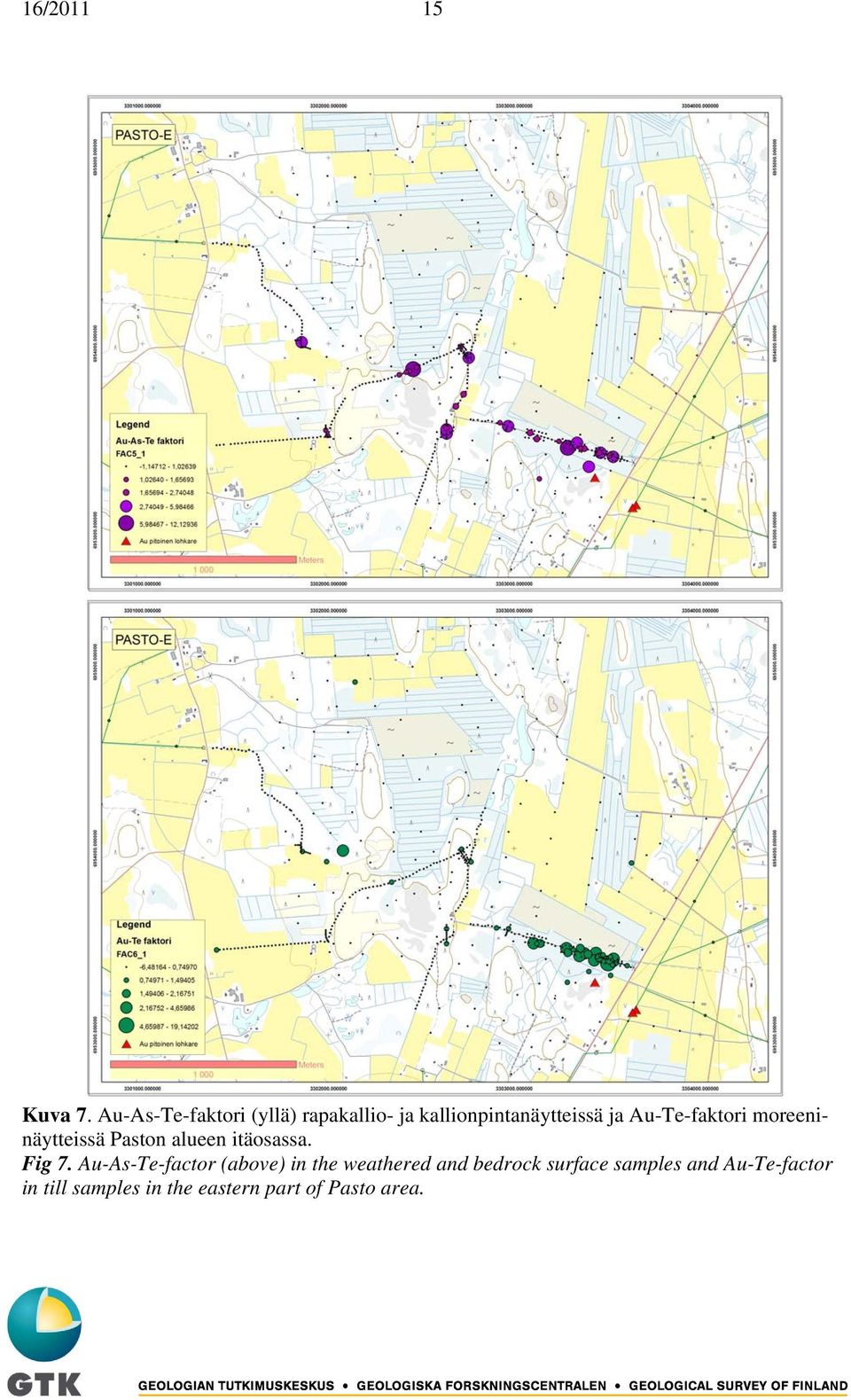Au-Te-faktori moreeninäytteissä Paston alueen itäosassa. Fig 7.