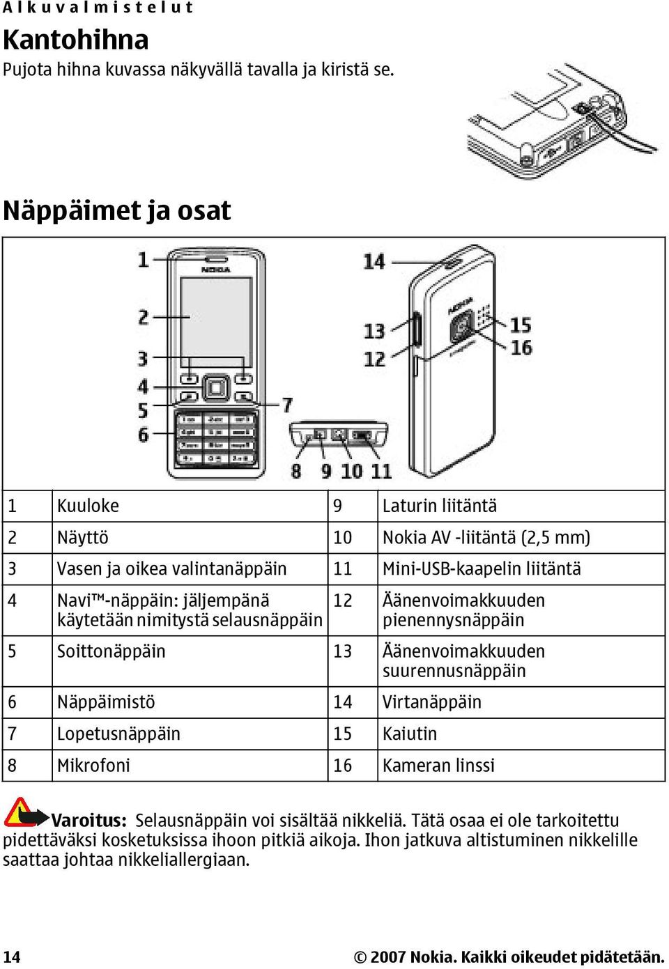 käytetään nimitystä selausnäppäin 12 Äänenvoimakkuuden pienennysnäppäin 5 Soittonäppäin 13 Äänenvoimakkuuden suurennusnäppäin 6 Näppäimistö 14 Virtanäppäin 7 Lopetusnäppäin 15