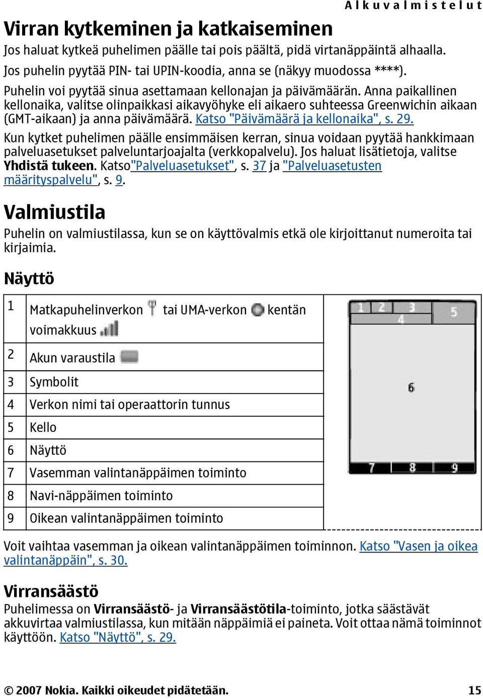 Katso "Päivämäärä ja kellonaika", s. 29. Kun kytket puhelimen päälle ensimmäisen kerran, sinua voidaan pyytää hankkimaan palveluasetukset palveluntarjoajalta (verkkopalvelu).