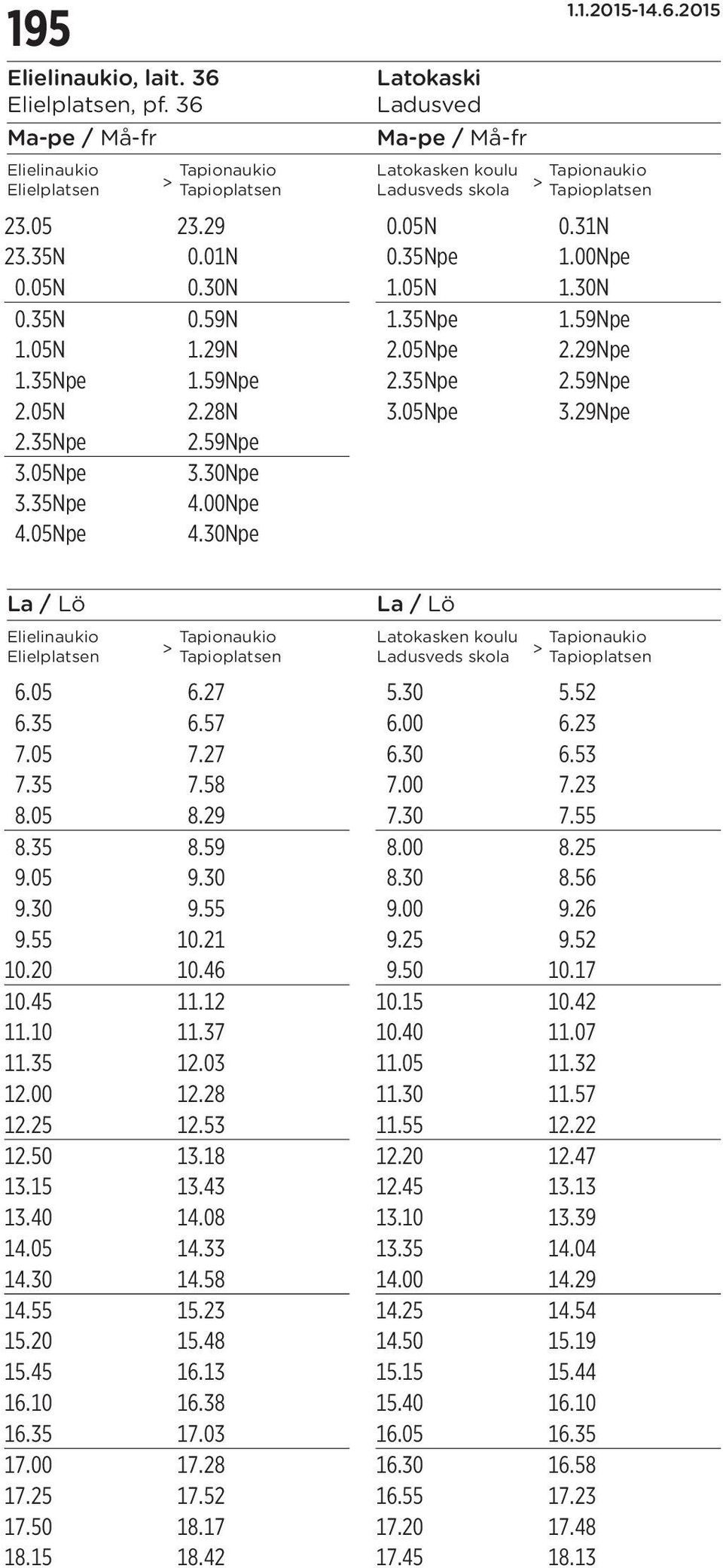 05Npe 3.30Npe 3.35Npe 4.00Npe 4.05Npe 4.30Npe La / Lö Elielinaukio Elielplatsen La / Lö Tapionaukio Latokasken koulu Tapionaukio Tapioplatsen Ladusveds skola Tapioplatsen 6.05 6.27 5.30 5.52 6.35 6.