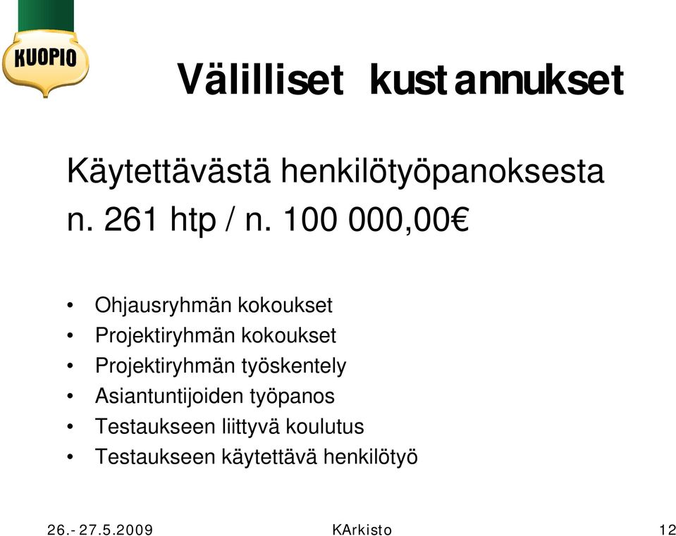 100 000,00 Ohjausryhmän kokoukset Projektiryhmän kokoukset