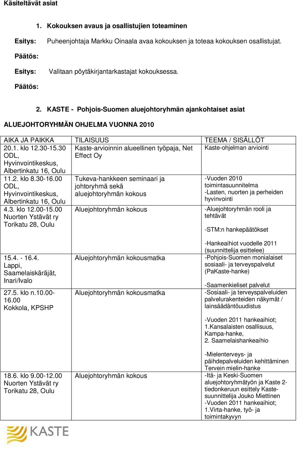 30 ODL, Hyvinvointikeskus, Albertinkatu 16, Oulu Kaste-arvioinnin alueellinen työpaja, Net Effect Oy Kaste-ohjelman arviointi 11.2. klo 8.30-16.00 ODL, Hyvinvointikeskus, Albertinkatu 16, Oulu 4.3. klo 12.