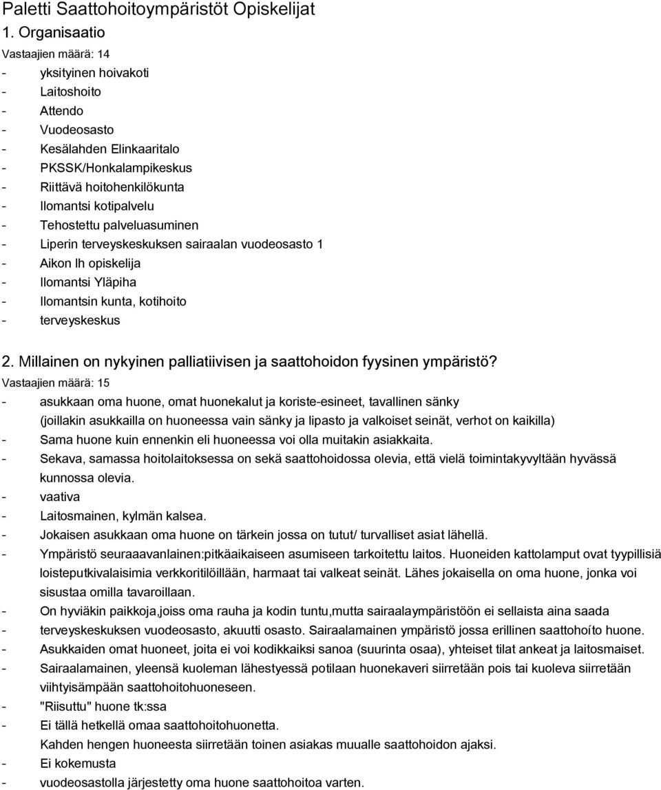 palveluasuminen Liperin terveyskeskuksen sairaalan vuodeosasto 1 Aikon lh opiskelija Ilomantsi Yläpiha Ilomantsin kunta, kotihoito terveyskeskus 2.