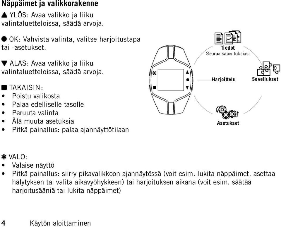 TAKAISIN: Poistu valikosta Palaa edelliselle tasolle Peruuta valinta Älä muuta asetuksia Pitkä painallus: palaa ajannäyttötilaan VALO: Valaise