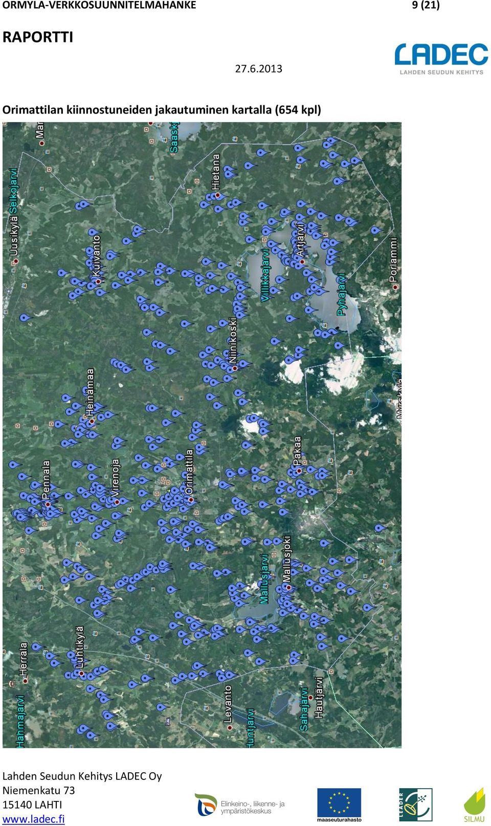 jakautuminen kartalla (654 kpl) Lahden Seudun