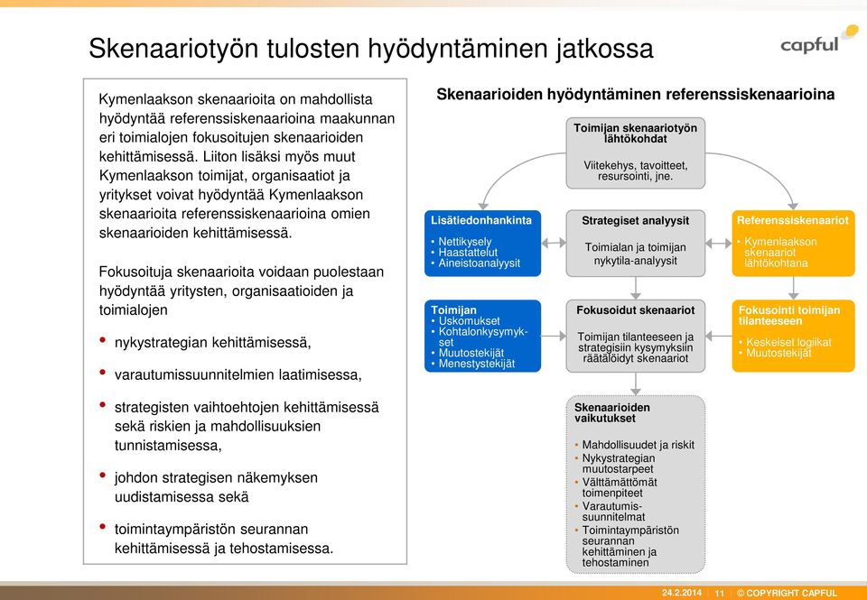 Fokusoituja skenaarioita voidaan puolestaan hyödyntää yritysten, organisaatioiden ja toimialojen nykystrategian kehittämisessä, varautumissuunnitelmien laatimisessa, strategisten vaihtoehtojen