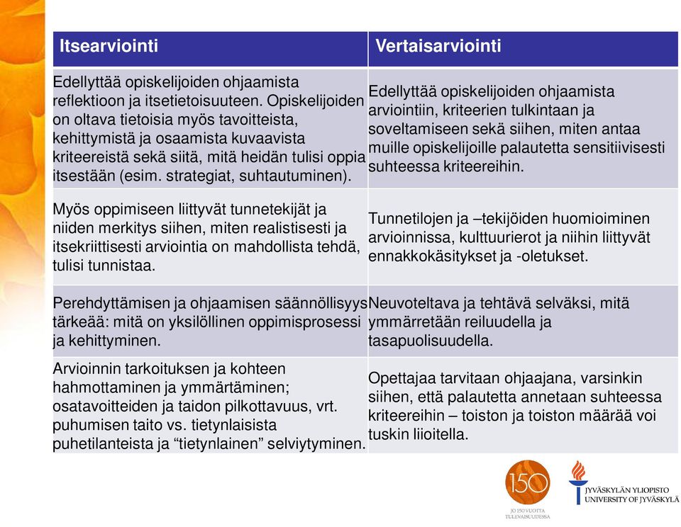 Myös oppimiseen liittyvät tunnetekijät ja niiden merkitys siihen, miten realistisesti ja itsekriittisesti arviointia on mahdollista tehdä, tulisi tunnistaa.