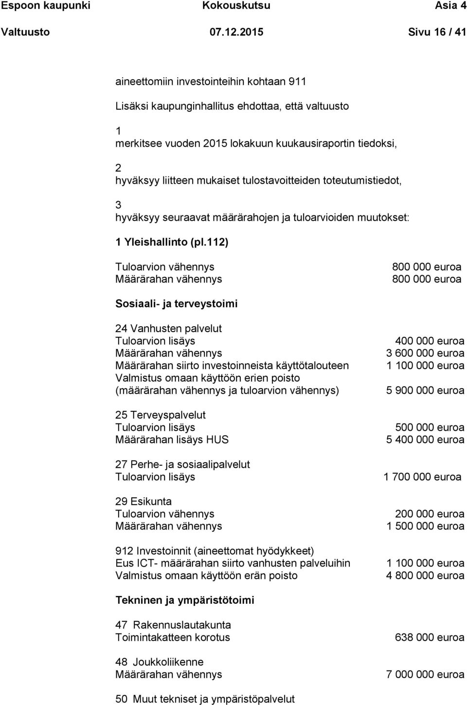 tulostavoitteiden toteutumistiedot, 3 hyväksyy seuraavat määrärahojen ja tuloarvioiden muutokset: 1 Yleishallinto (pl.