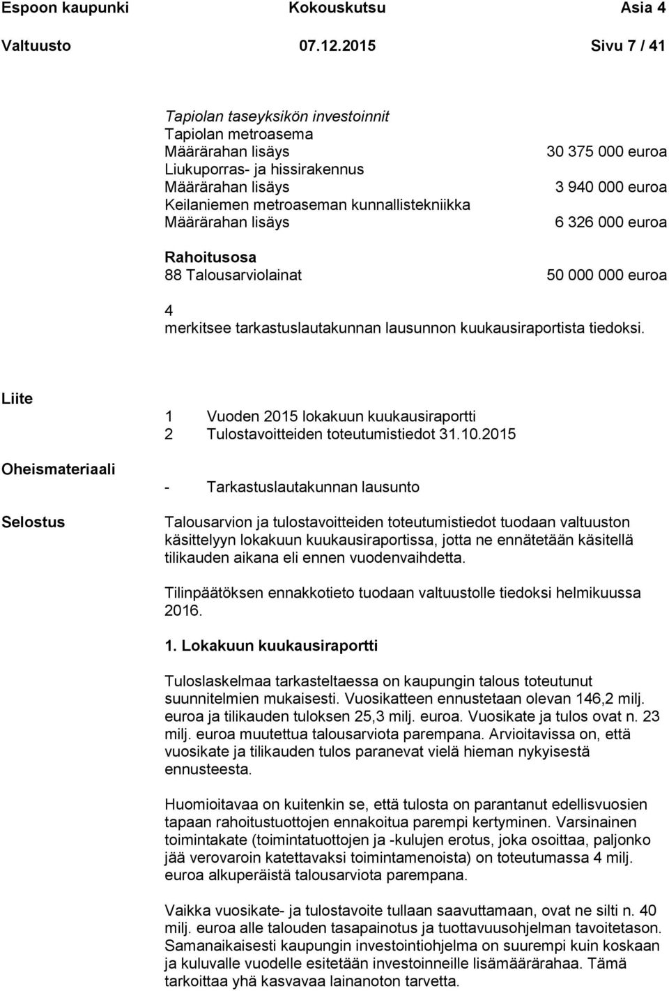 30 375 000 euroa 3 940 000 euroa 6 326 000 euroa Rahoitusosa 88 Talousarviolainat 50 000 000 euroa 4 merkitsee tarkastuslautakunnan lausunnon kuukausiraportista tiedoksi.