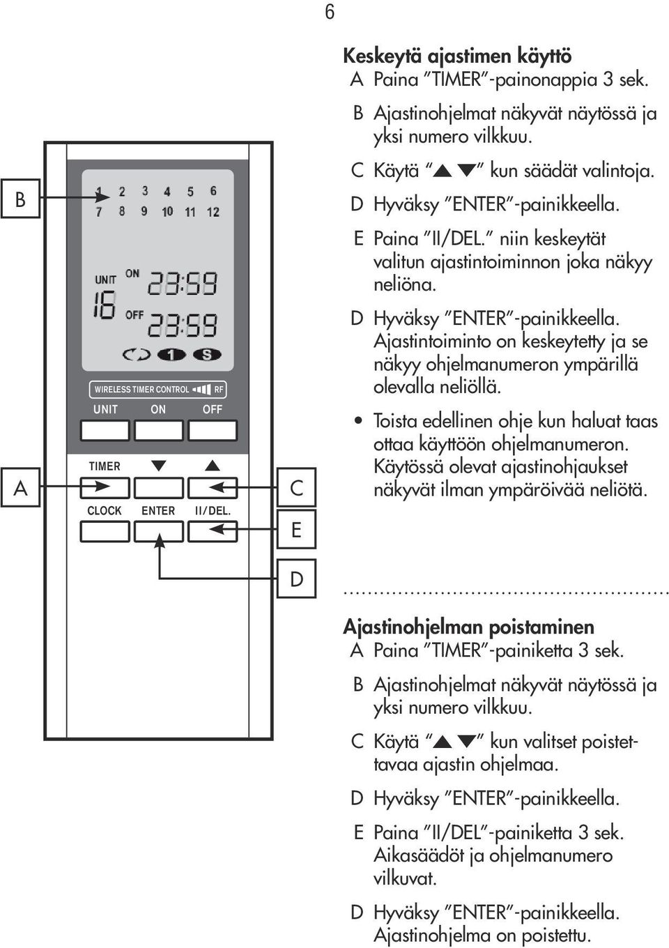 A C E Toista edellinen ohje kun haluat taas ottaa käyttöön ohjelmanumeron. Käytössä olevat ajastinohjaukset näkyvät ilman ympäröivää neliötä. D Ajastinohjelman poistaminen A Paina -painiketta 3 sek.