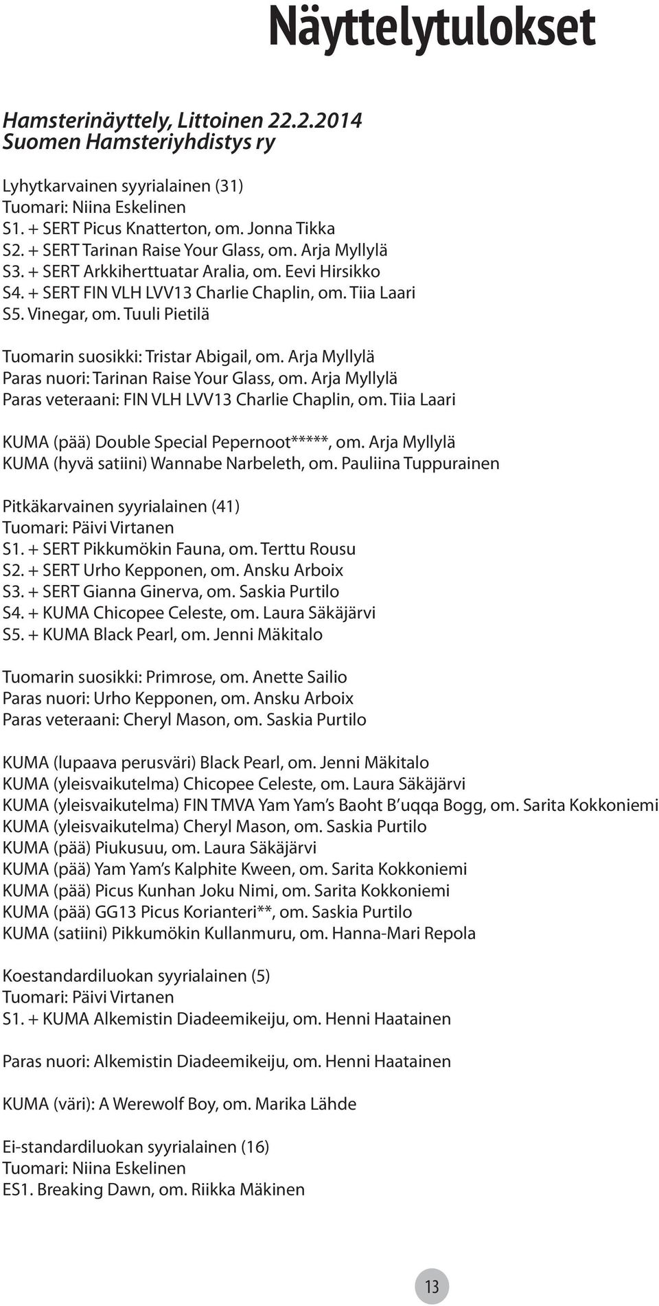 Tuuli Pietilä Tuomarin suosikki: Tristar Abigail, om. Arja Myllylä Paras nuori: Tarinan Raise Your Glass, om. Arja Myllylä Paras veteraani: FIN VLH LVV13 Charlie Chaplin, om.