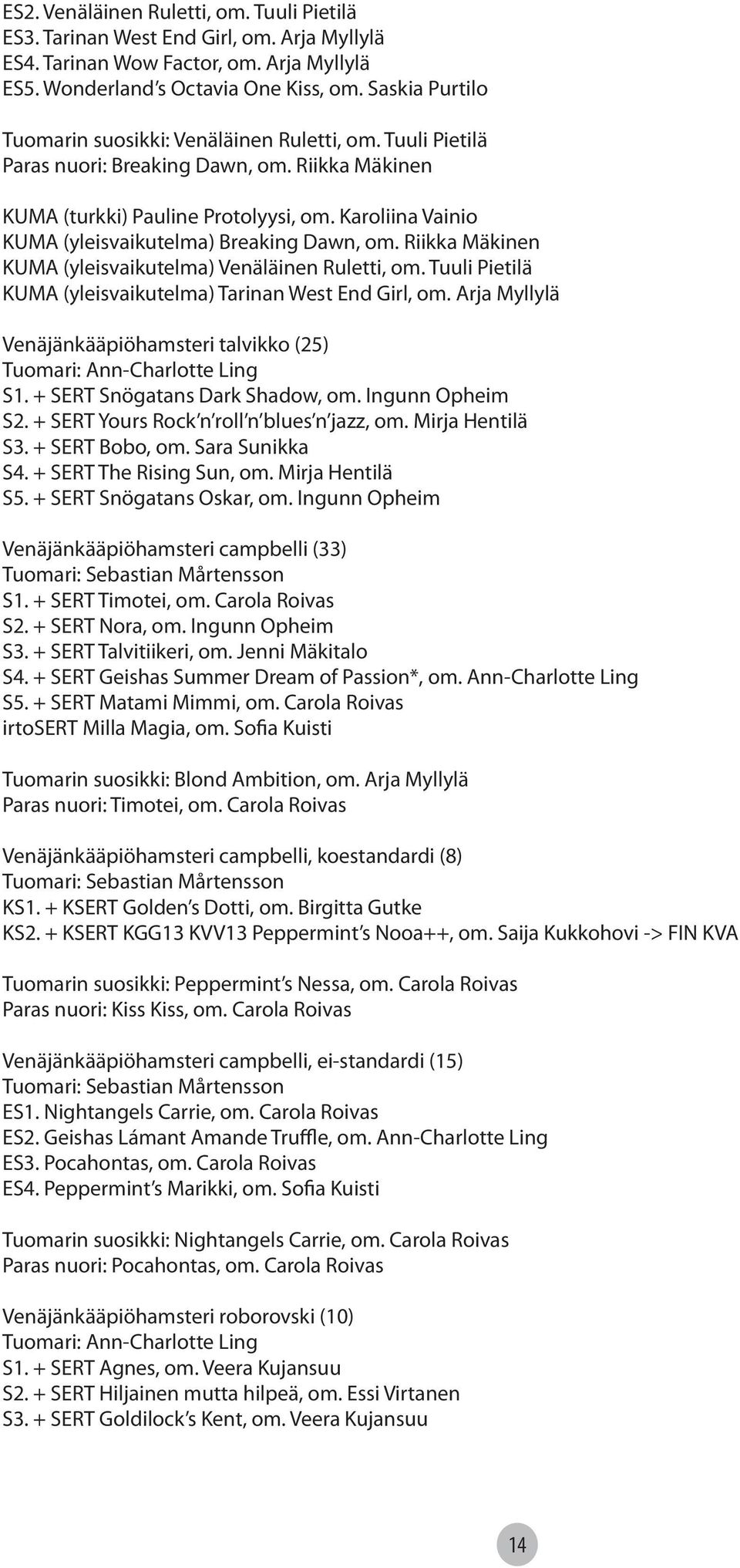 Karoliina Vainio KUMA (yleisvaikutelma) Breaking Dawn, om. Riikka Mäkinen KUMA (yleisvaikutelma) Venäläinen Ruletti, om. Tuuli Pietilä KUMA (yleisvaikutelma) Tarinan West End Girl, om.