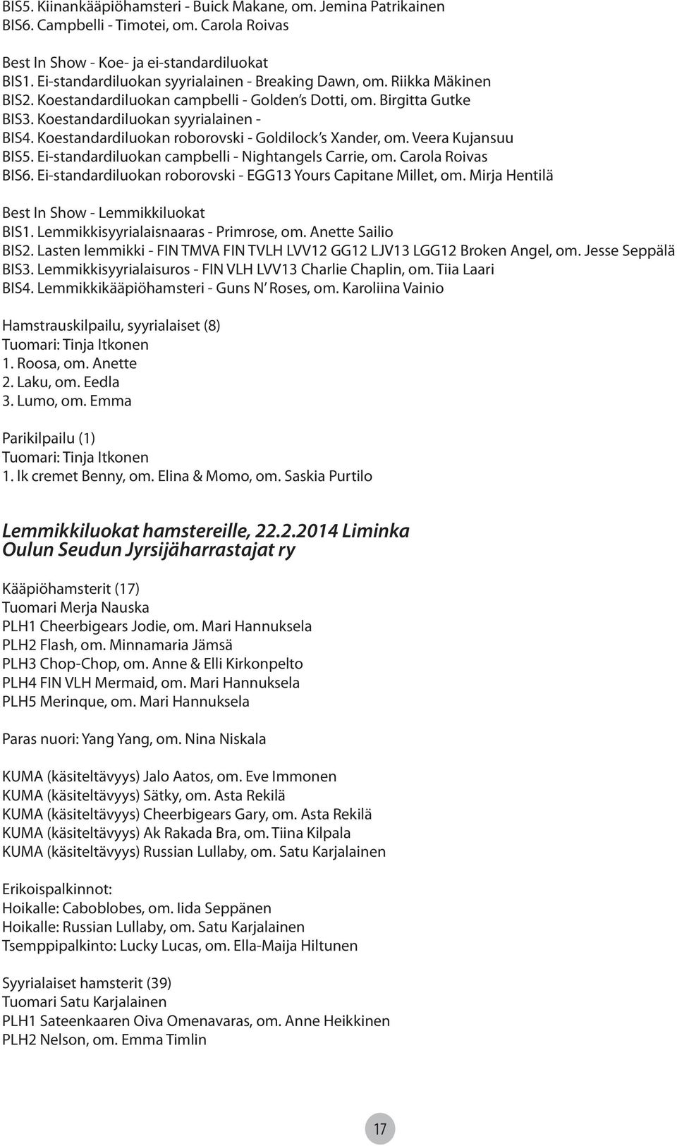 Koestandardiluokan roborovski - Goldilock s Xander, om. Veera Kujansuu BIS5. Ei-standardiluokan campbelli - Nightangels Carrie, om. Carola Roivas BIS6.