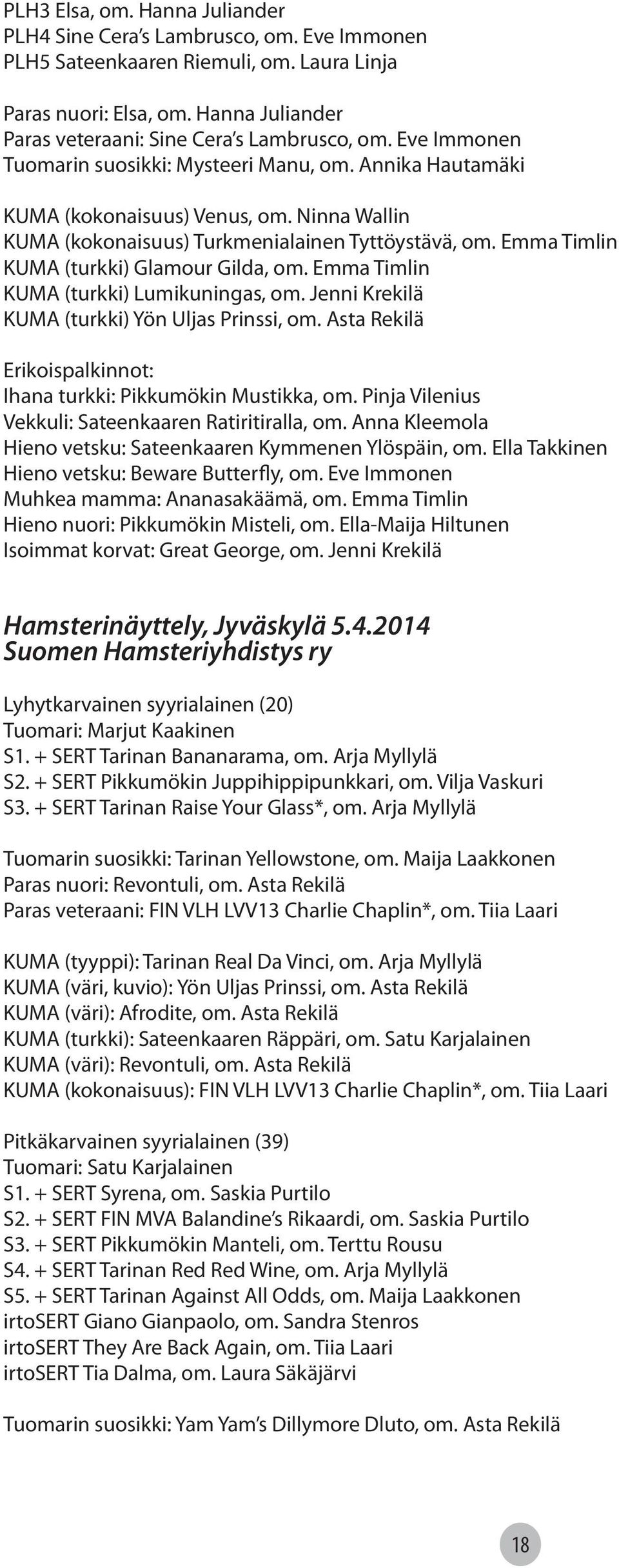 Emma Timlin KUMA (turkki) Glamour Gilda, om. Emma Timlin KUMA (turkki) Lumikuningas, om. Jenni Krekilä KUMA (turkki) Yön Uljas Prinssi, om.