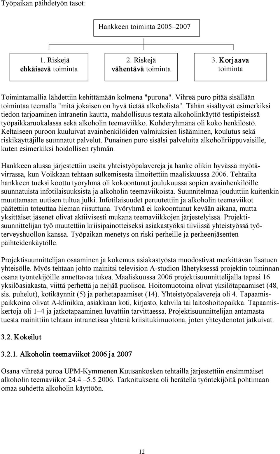 Tähän sisältyvät esimerkiksi tiedon tarjoaminen intranetin kautta, mahdollisuus testata alkoholinkäyttö testipisteissä työpaikkaruokalassa sekä alkoholin teemaviikko. Kohderyhmänä oli koko henkilöstö.