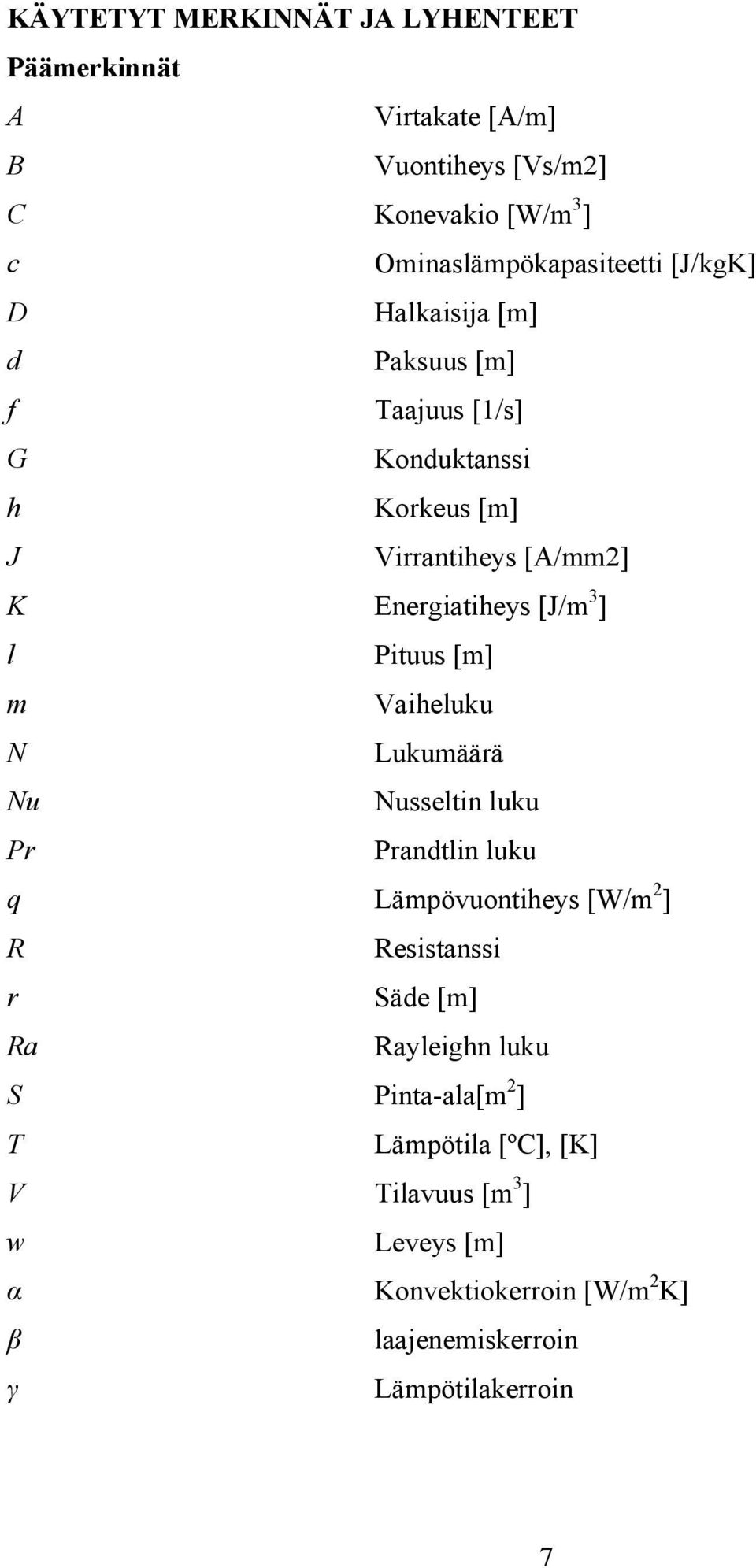 Pituus [m] m Vaiheluku N Lukumäärä Nu Nusseltin luku Pr Prandtlin luku q Lämpövuontiheys [W/m 2 ] R Resistanssi r Säde [m] Ra Rayleighn