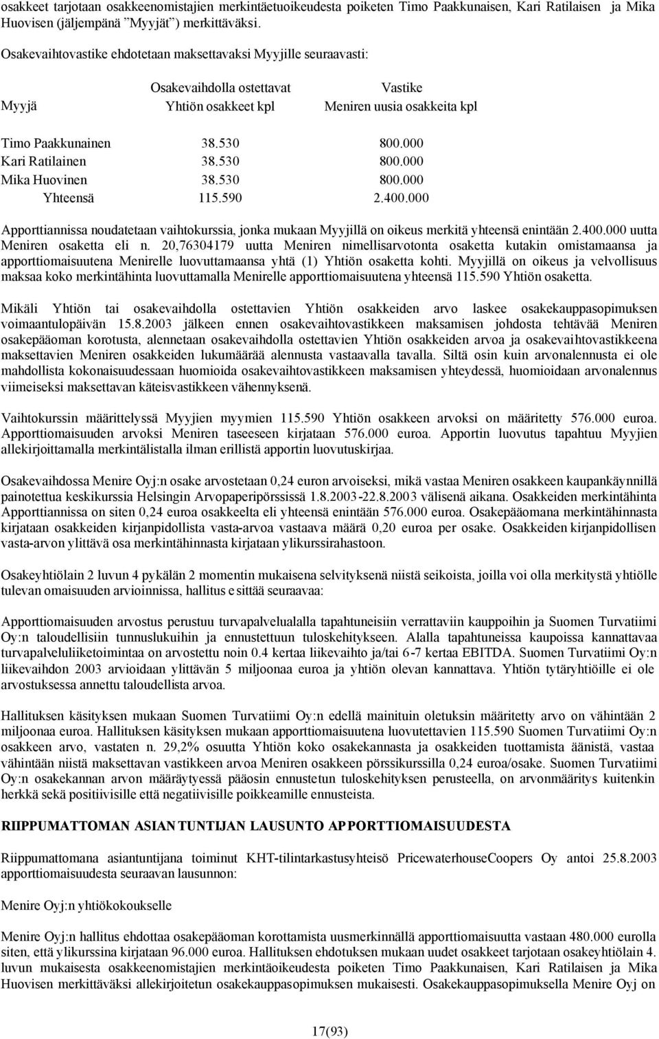 000 Kari Ratilainen 38.530 800.000 Mika Huovinen 38.530 800.000 Yhteensä 115.590 2.400.000 Apporttiannissa noudatetaan vaihtokurssia, jonka mukaan Myyjillä on oikeus merkitä yhteensä enintään 2.400.000 uutta Meniren osaketta eli n.