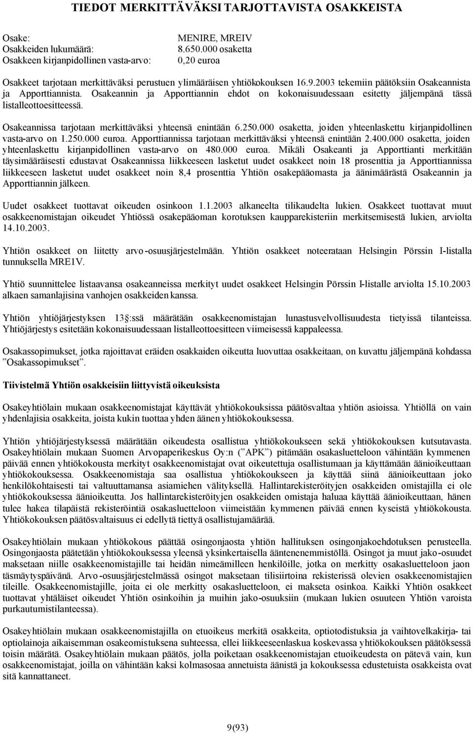 Osakeannin ja Apporttiannin ehdot on kokonaisuudessaan esitetty jäljempänä tässä listalleottoesitteessä. Osakeannissa tarjotaan merkittäväksi yhteensä enintään 6.250.