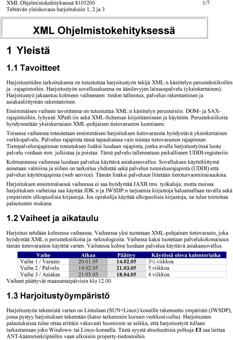 Harjoitustyön sovellusalueena on äänilevyjen lainauspalvelu (yksinkertainen). Harjoitustyö jakaantuu kolmeen vaiheeseen: tiedon tallennus, palvelun rakentaminen ja asiakasliittymän rakentaminen.