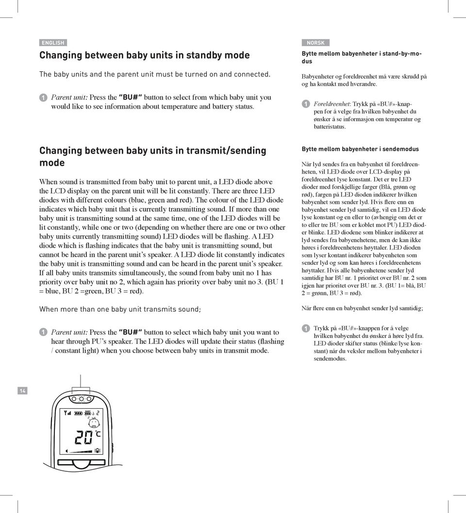 Parent unit: Press the BU# button to select from which baby unit you would like to see information about temperature and battery status.