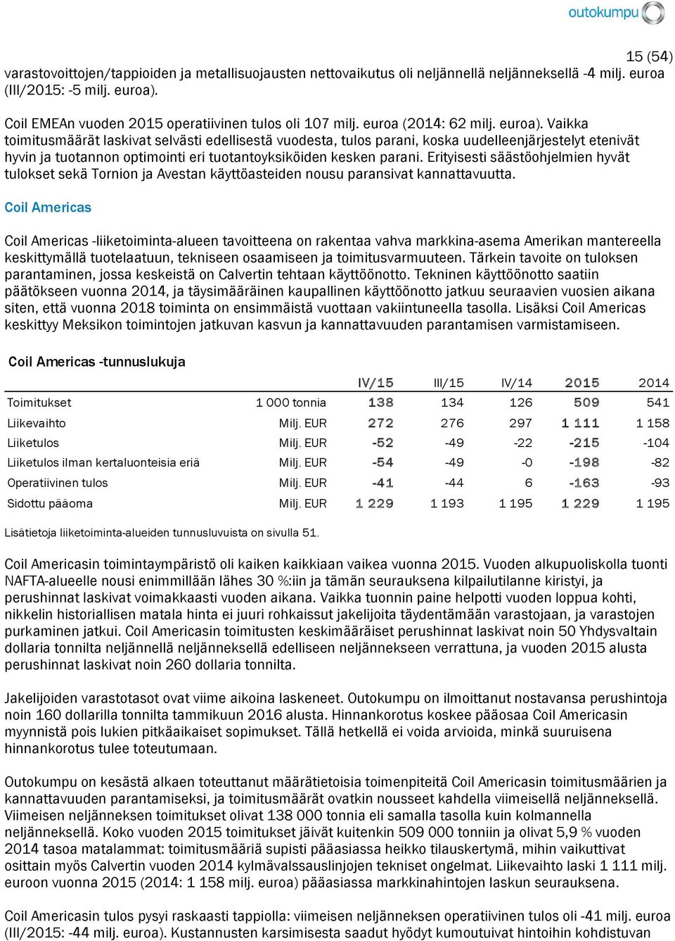 Vaikka toimitusmäärät laskivat selvästi edellisestä vuodesta, tulos parani, koska uudelleenjärjestelyt etenivät hyvin ja tuotannon optimointi eri tuotantoyksiköiden kesken parani.