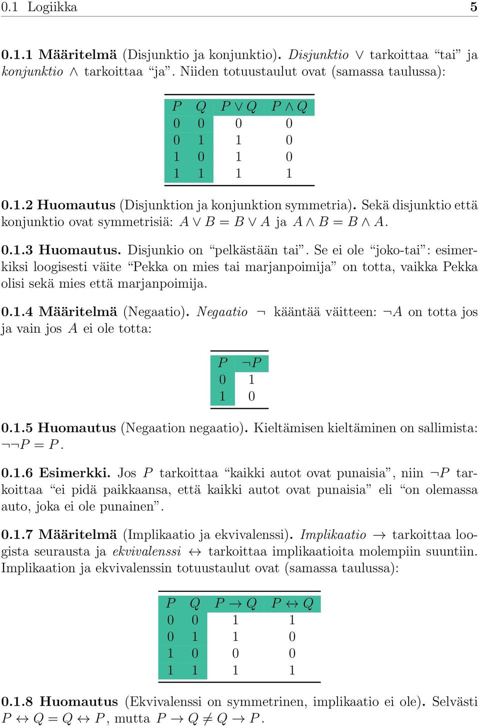 Sekä disjunktio että konjunktio ovat symmetrisiä: A B = B A ja A B = B A. 0.1.3 Huomautus. Disjunkio on pelkästään tai.