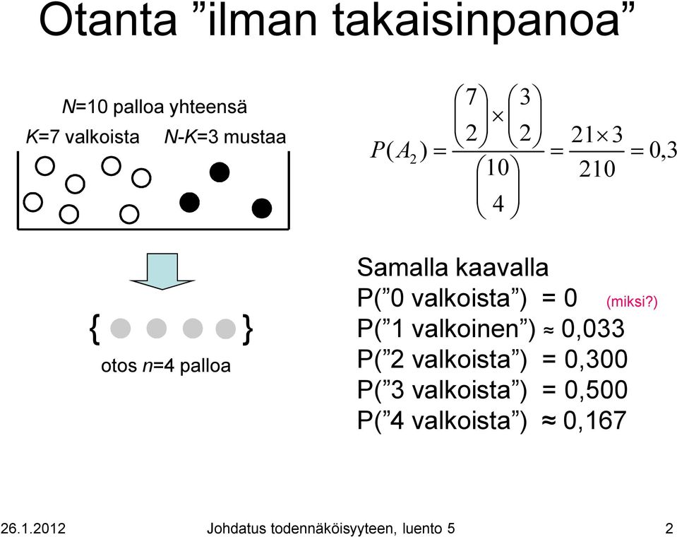 valkoista ) = 0 P( 1 valkoinen ) 0,033 P( 2 valkoista ) = 0,300 P( 3 valkoista