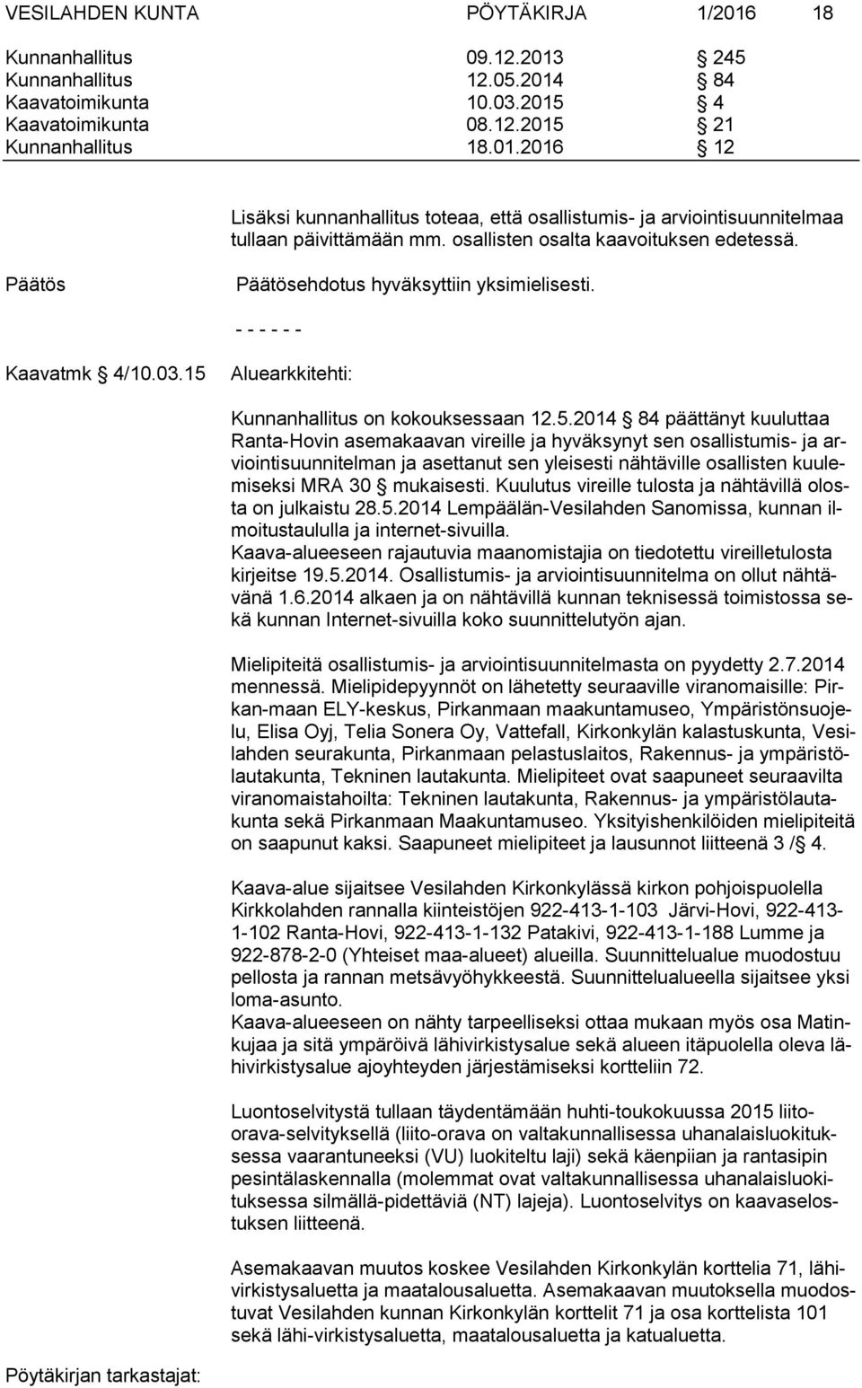 Aluearkkitehti: Kunnanhallitus on kokouksessaan 12.5.