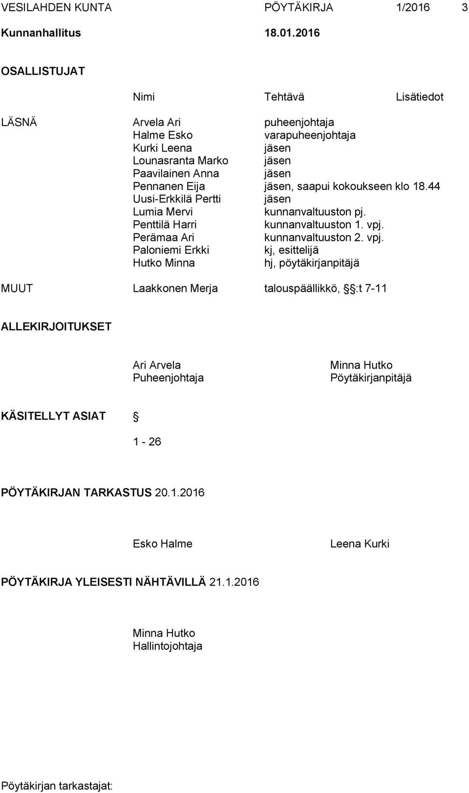 2016 OSALLISTUJAT Nimi Tehtävä Lisätiedot LÄSNÄ Arvela Ari puheenjohtaja Halme Esko varapuheenjohtaja Kurki Leena jäsen Lounasranta Marko jäsen Paavilainen Anna jäsen Pennanen Eija