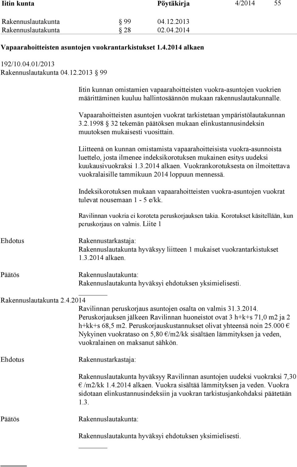 Vapaarahoitteisten asuntojen vuokrat tarkistetaan ympäristölautakunnan 3.2.1998 32 tekemän päätöksen mukaan elinkustannusindeksin muutoksen mukaisesti vuosittain.