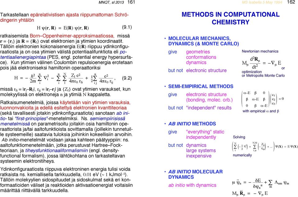 potential energy hypersurface). Kun ytimien välinen Coulombin repulsioenergia erotetaan pois jää elektroniseksi hamiltonin operaattoriksi H =!