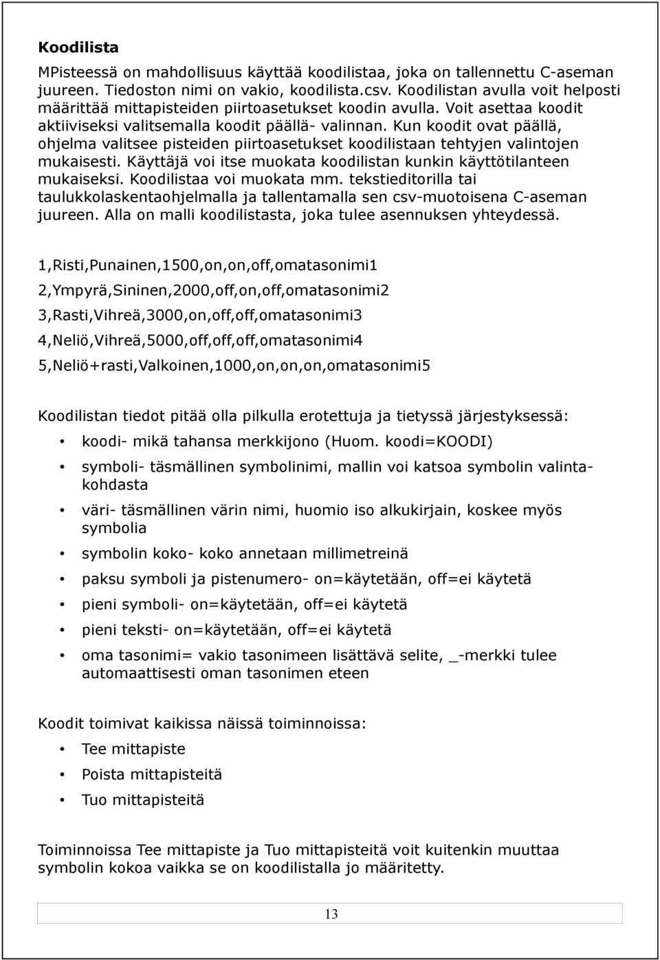 Kun koodit ovat päällä, ohjelma valitsee pisteiden piirtoasetukset koodilistaan tehtyjen valintojen mukaisesti. Käyttäjä voi itse muokata koodilistan kunkin käyttötilanteen mukaiseksi.