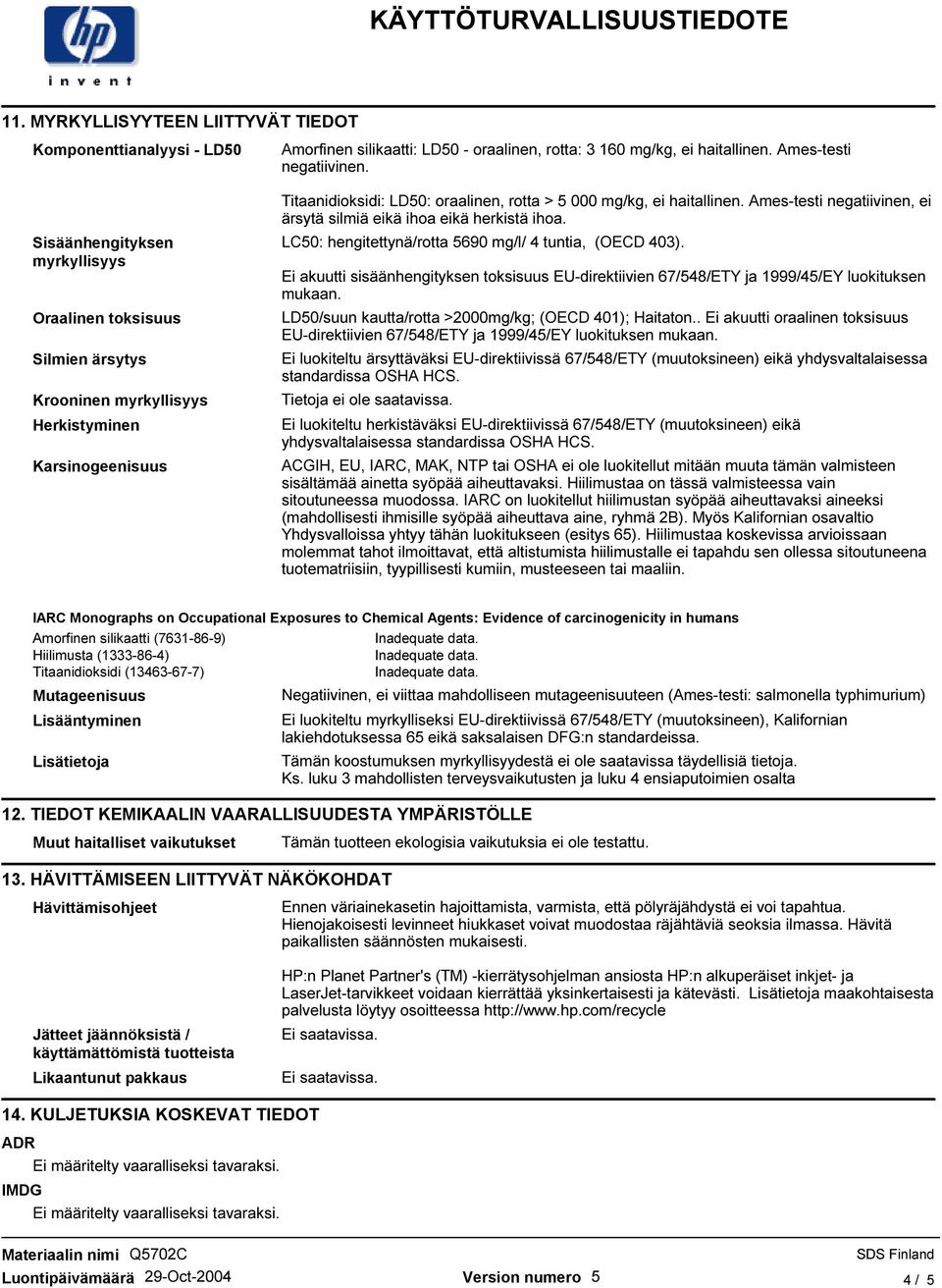 Ames-testi negatiivinen, ei ärsytä silmiä eikä ihoa eikä herkistä ihoa. LC50: hengitettynä/rotta 5690 mg/l/ 4 tuntia, (OECD 403).