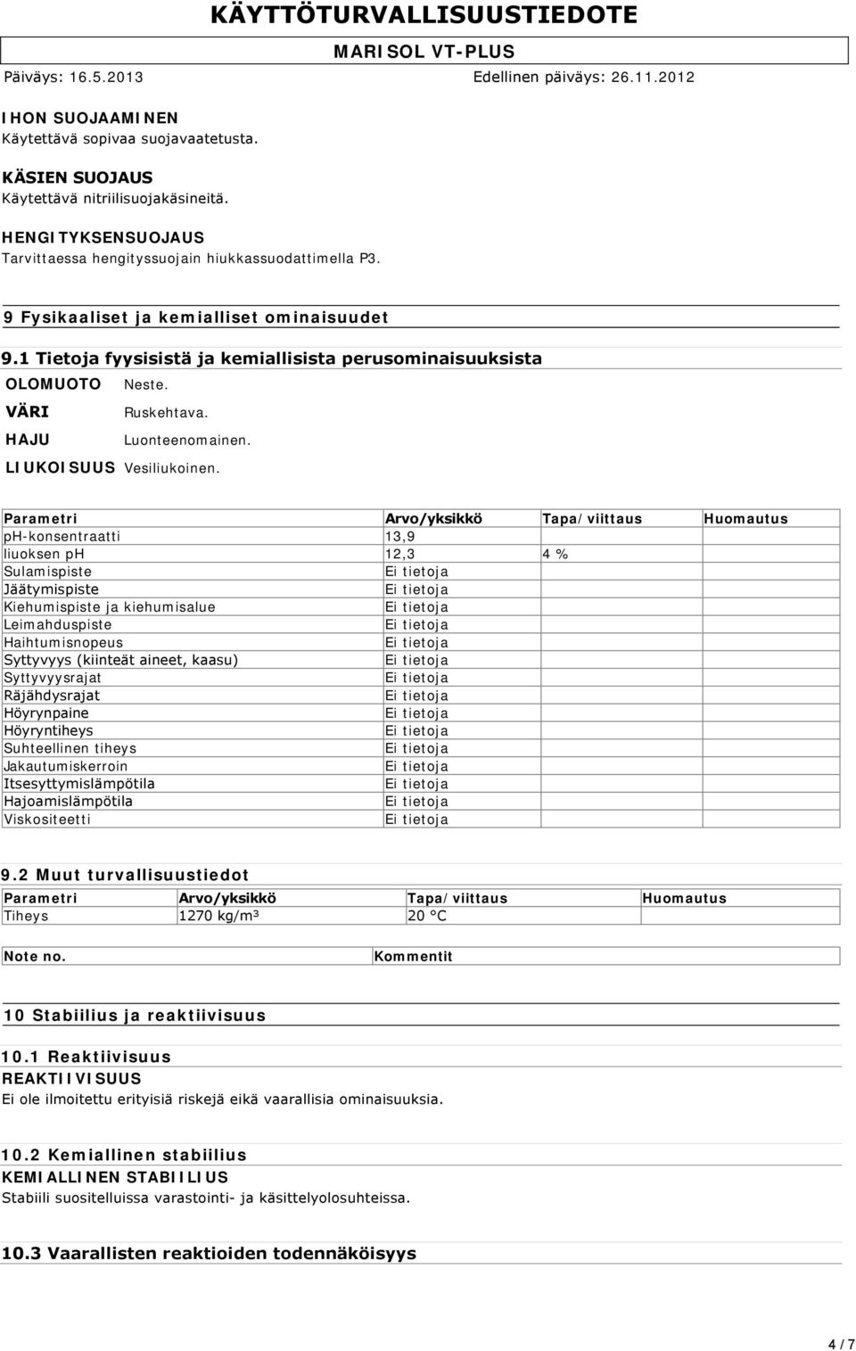 Parametri Arvo/yksikkö Tapa/viittaus Huomautus ph-konsentraatti 13,9 liuoksen ph 12,3 4 % Sulamispiste Jäätymispiste Kiehumispiste ja kiehumisalue Leimahduspiste Haihtumisnopeus Syttyvyys (kiinteät