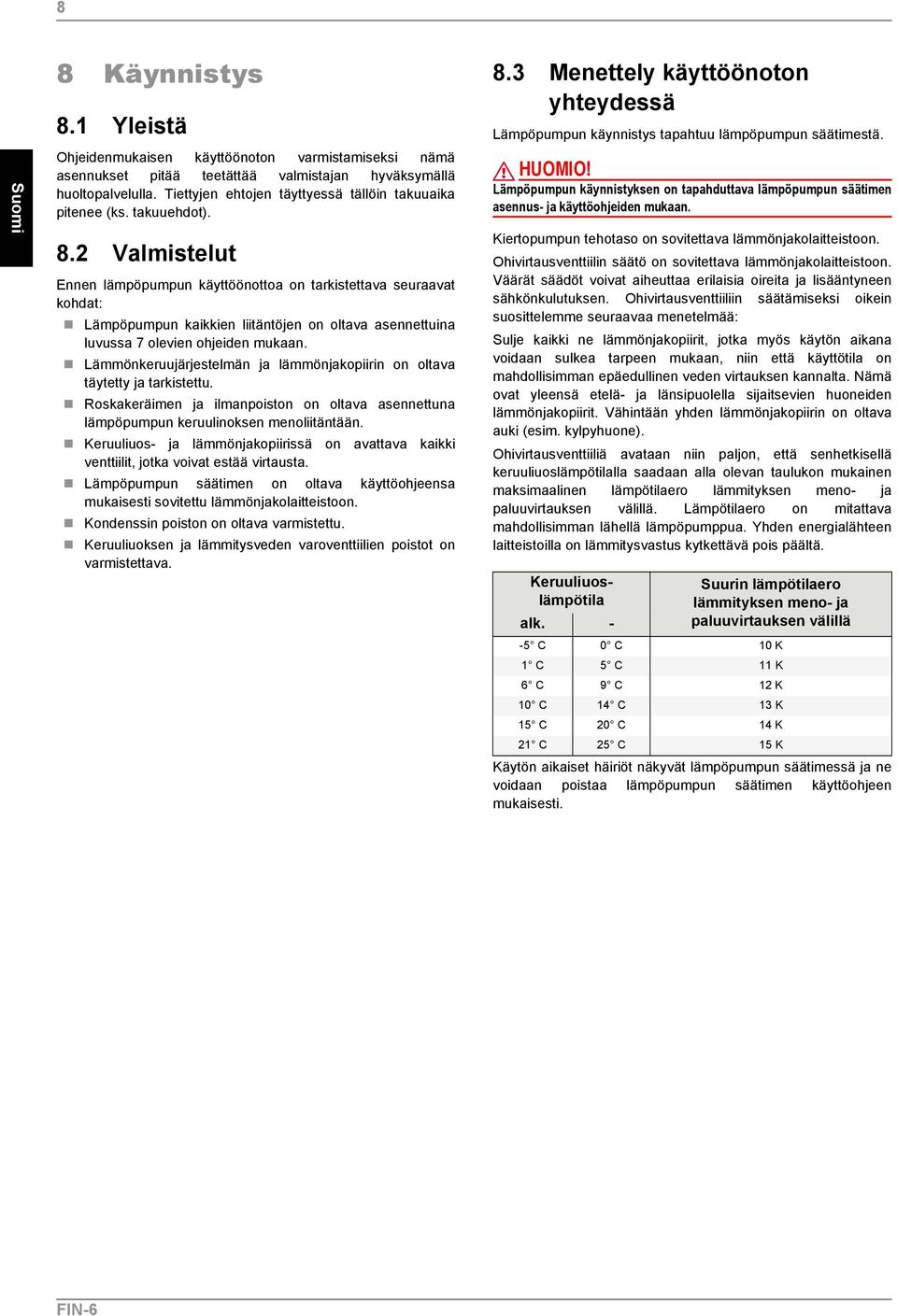 2 Valmistelut Ennen lämpöpumpun käyttöönottoa on tarkistettava seuraavat kohdat: Lämpöpumpun kaikkien liitäntöjen on oltava asennettuina luvussa 7 olevien ohjeiden mukaan.