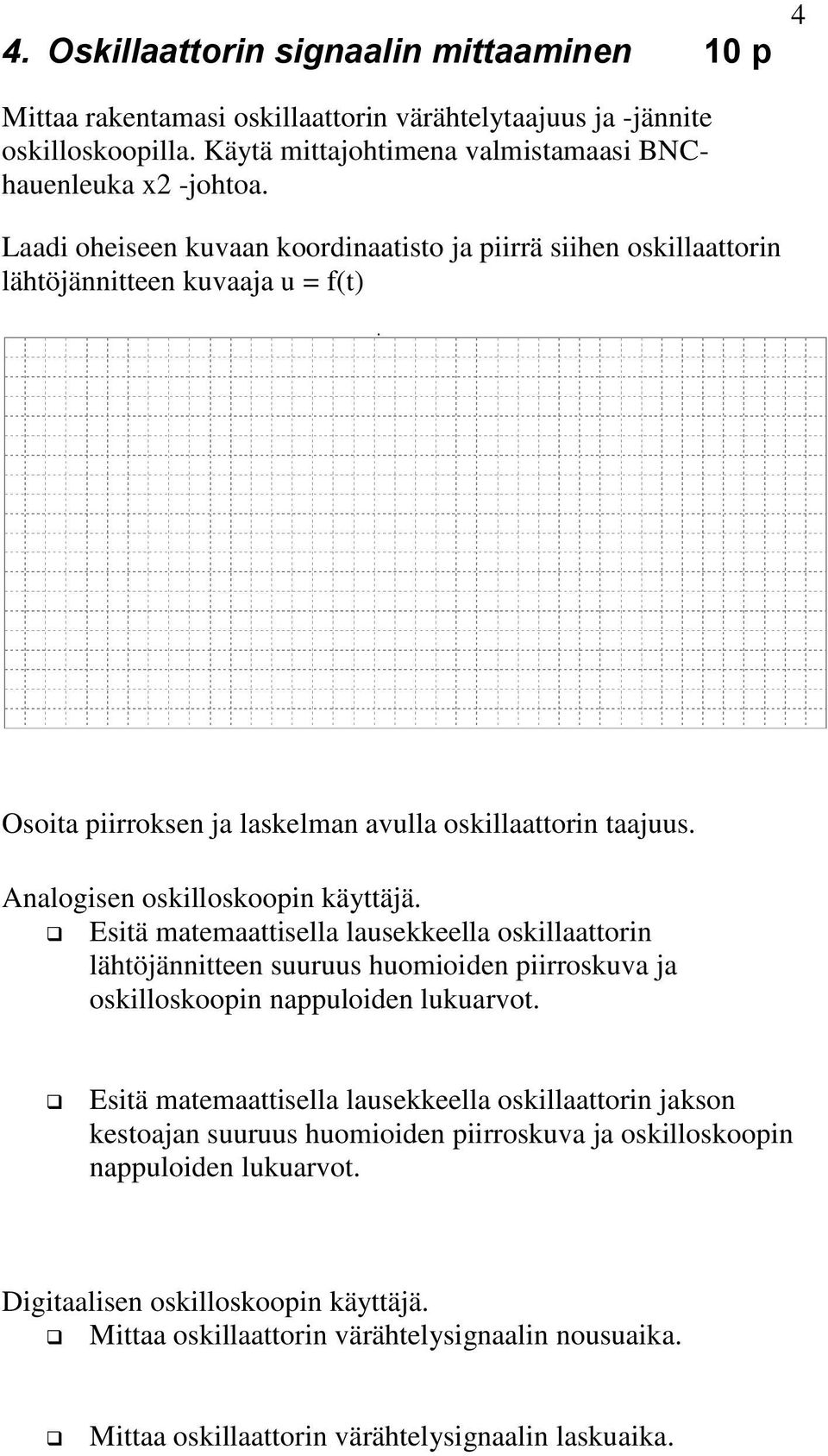 Esitä matemaattisella lausekkeella oskillaattorin lähtöjännitteen suuruus huomioiden piirroskuva ja oskilloskoopin nappuloiden lukuarvot.