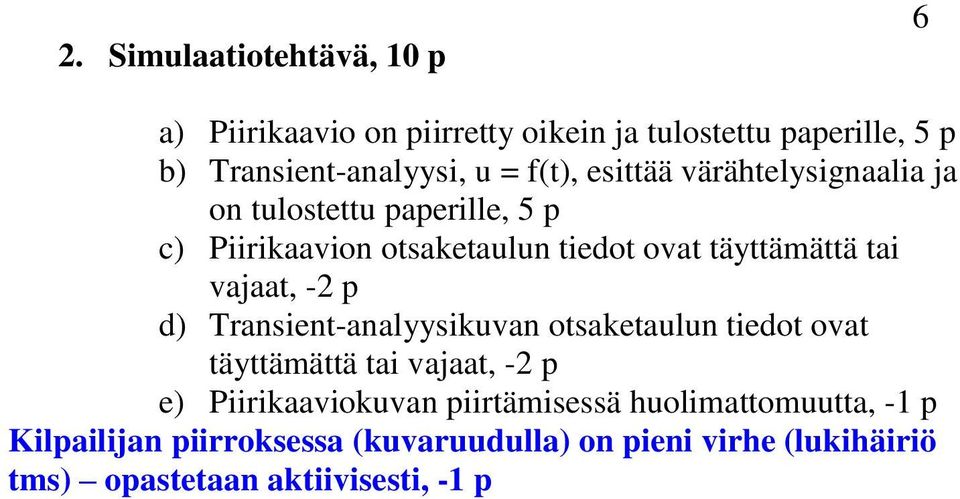 vajaat, -2 p d) Transient-analyysikuvan otsaketaulun tiedot ovat täyttämättä tai vajaat, -2 p e) Piirikaaviokuvan