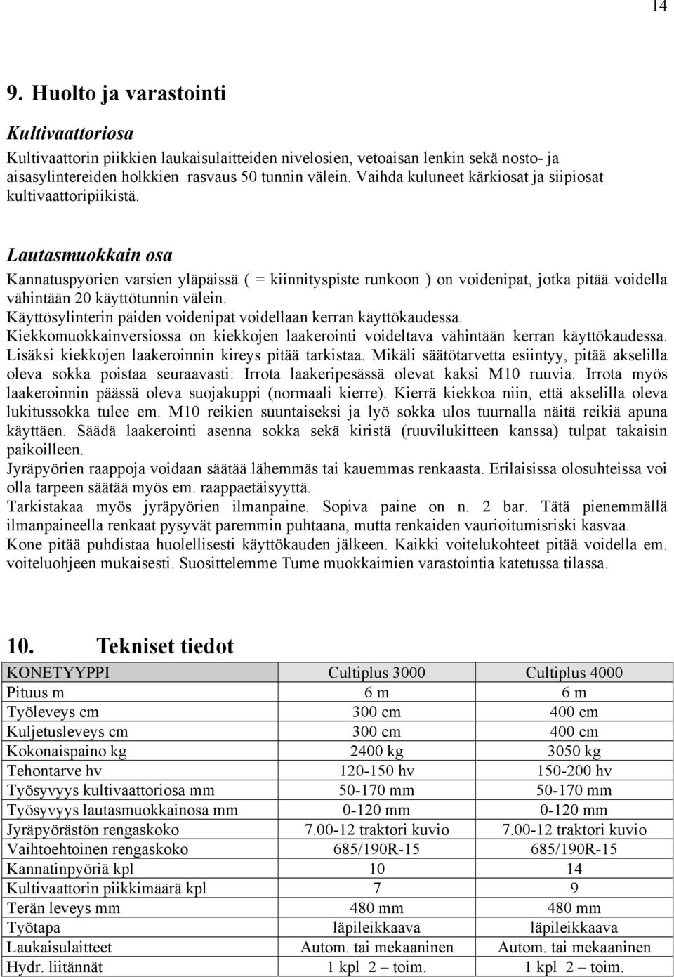 Lautasmuokkain osa Kannatuspyörien varsien yläpäissä ( = kiinnityspiste runkoon ) on voidenipat, jotka pitää voidella vähintään 20 käyttötunnin välein.
