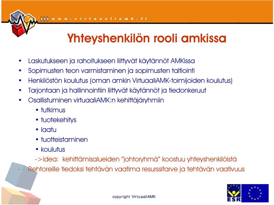 ja tiedonkeruut Osallistuminen virtuaali:n kehittäjäryhmiin tutkimus tuotekehitys laatu tuotteistaminen koulutus ->idea: