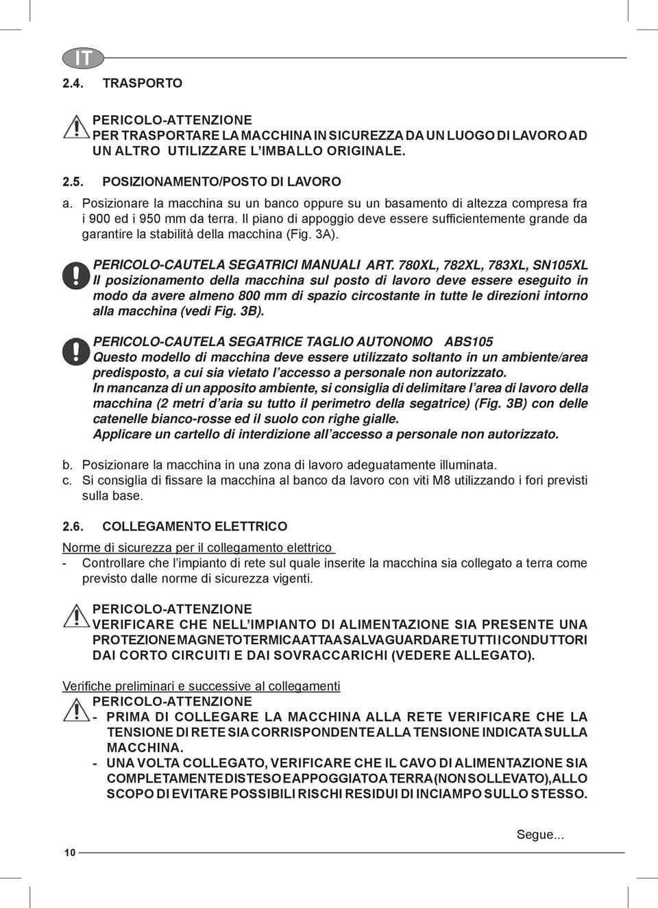 Il piano di appoggio deve essere suffi cientemente grande da garantire la stabilità della macchina (Fig. 3A). PERICOLO-CAUTELA SEGATRICI MANUALI ART.