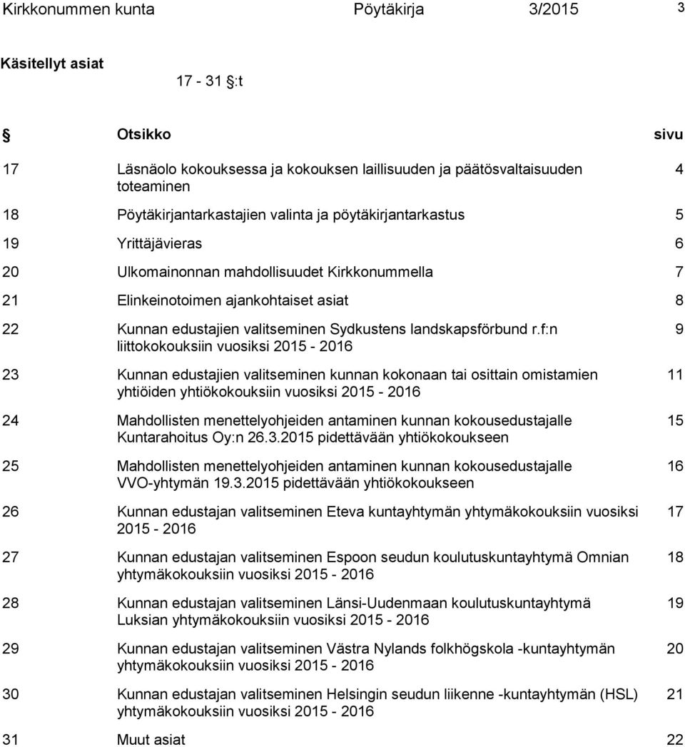 f:n liittokokouksiin vuosiksi 2015-2016 23 Kunnan edustajien valitseminen kunnan kokonaan tai osittain omistamien yhtiöiden yhtiökokouksiin vuosiksi 2015-2016 24 Mahdollisten menettelyohjeiden