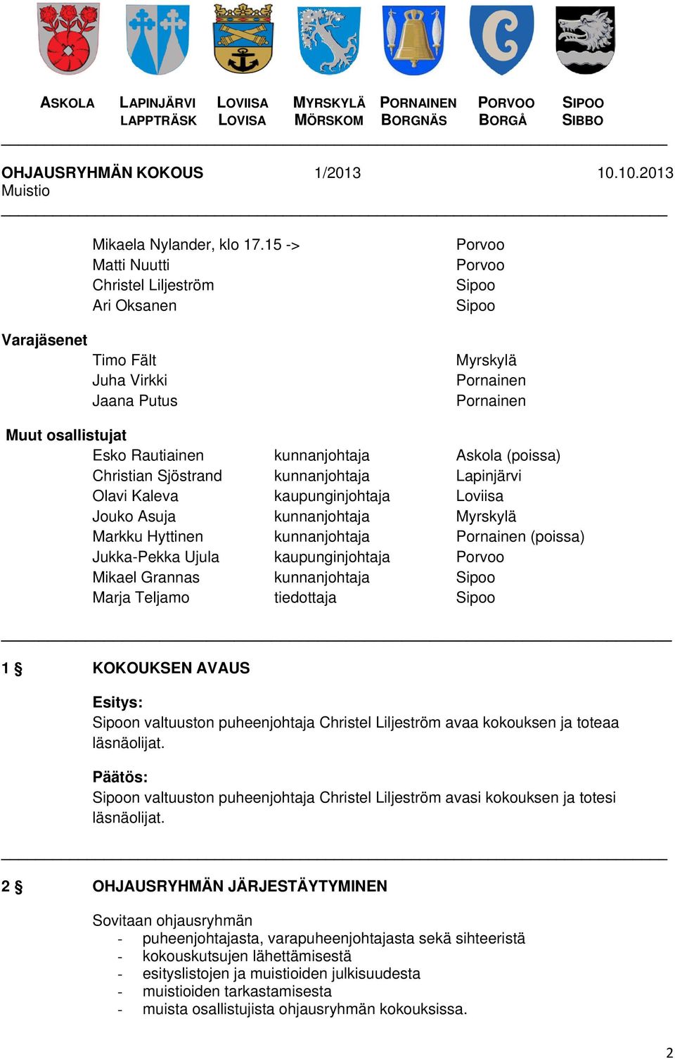 Askola (poissa) Christian Sjöstrand kunnanjohtaja Lapinjärvi Olavi Kaleva kaupunginjohtaja Loviisa Jouko Asuja kunnanjohtaja Myrskylä Markku Hyttinen kunnanjohtaja Pornainen (poissa) Jukka-Pekka