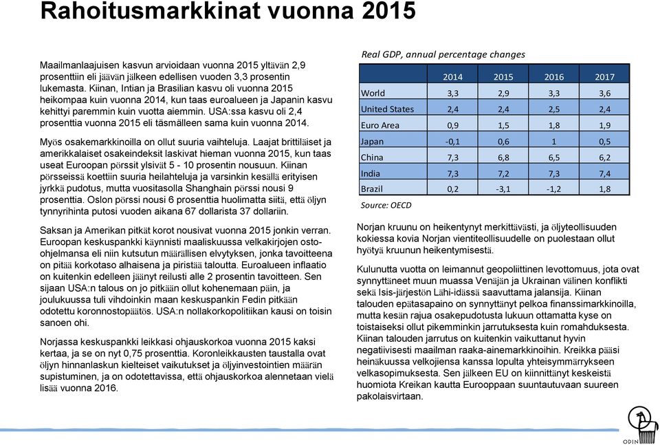 USA:ssa kasvu oli 2,4 prosenttia vuonna 2015 eli täsmälleen sama kuin vuonna 2014. Myös osakemarkkinoilla on ollut suuria vaihteluja.