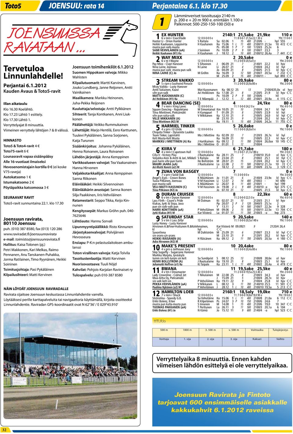 SEURAAVAT RAVIT Toto5-ravit sunnuntaina 22.1. klo 17.30 Joensuun ravirata, 80110 Joensuu puh. (010) 387 8580, fax (013) 120 286 www.raviradat.fi/joensuunravirata e-mail: toimisto@joensuunravirata.